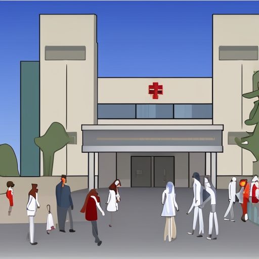 Hospital Exterior With Pedestrians Walking Toward The Entrance